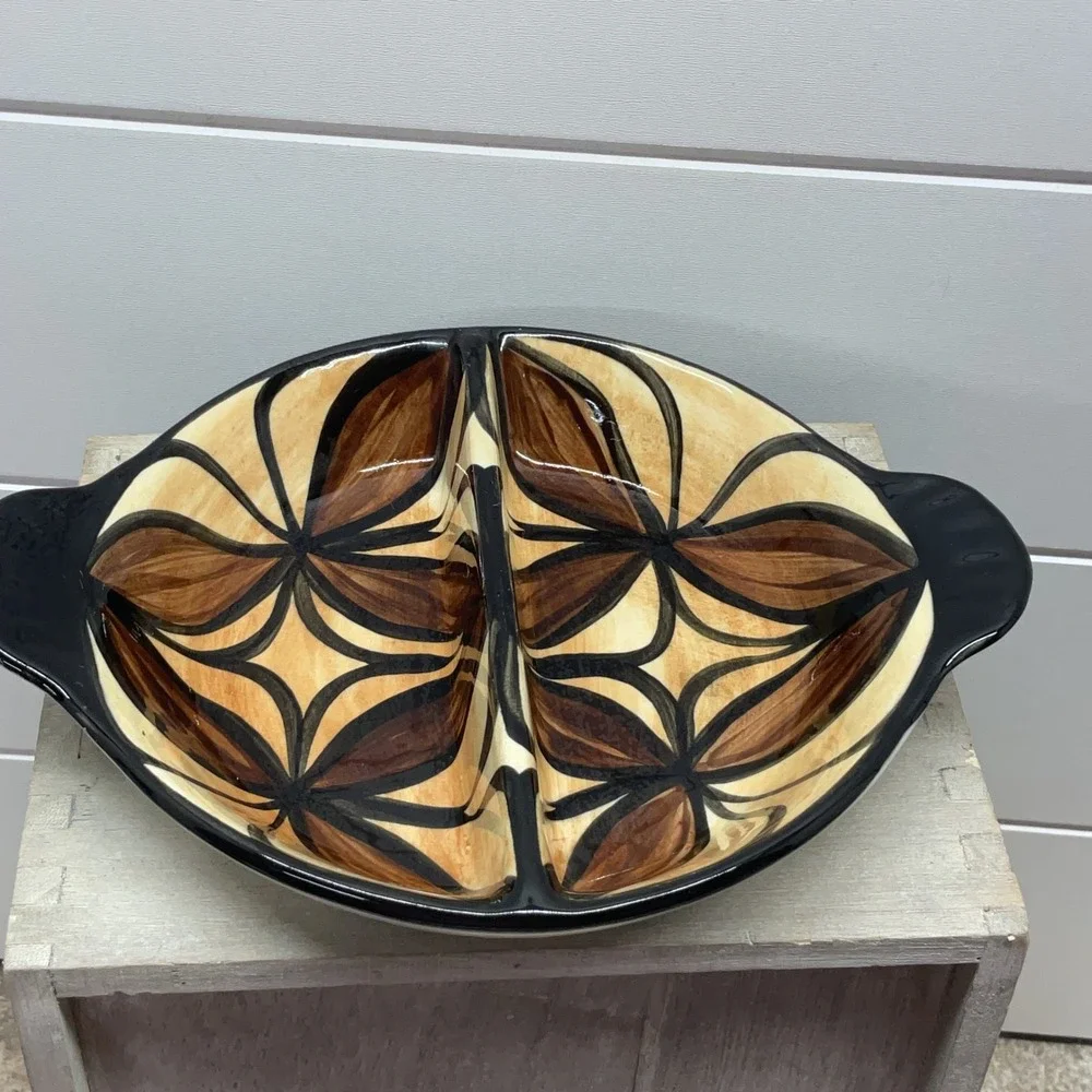 Manureva Tahiti Hand Painted Ceramic Divided Serving Dish Floral Brown Tan Black